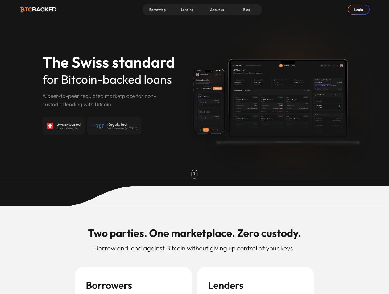 BTCBacked marketing site showing the borrower dashboard on desktop and mobile